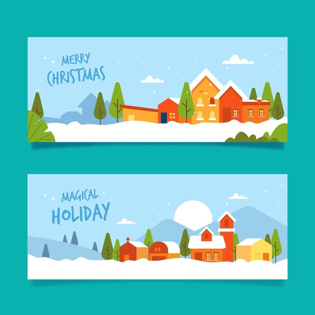 Plantilla de banners de pueblo navideño de diseño plano
