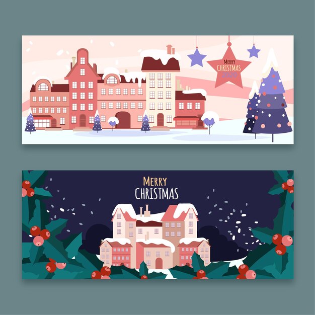 Plantilla de banners de pueblo navideño de diseño plano