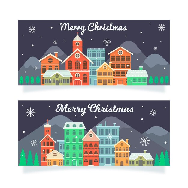 Plantilla de banners de pueblo navideño de diseño plano
