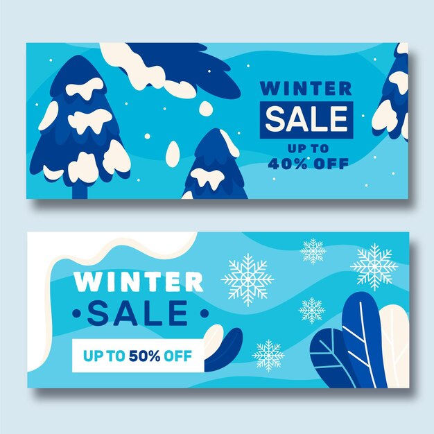Plantilla de banners de rebajas de invierno dibujados a mano