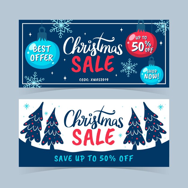 Plantilla de banners de rebajas de navidad dibujados a mano