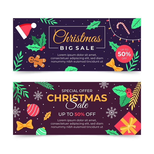 Plantilla de banners de rebajas de navidad de diseño plano