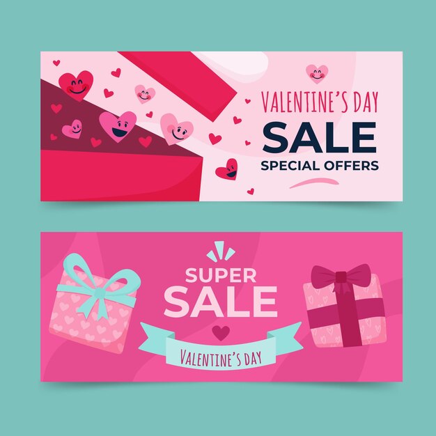 Plantilla de banners de rebajas de san valentín dibujados a mano