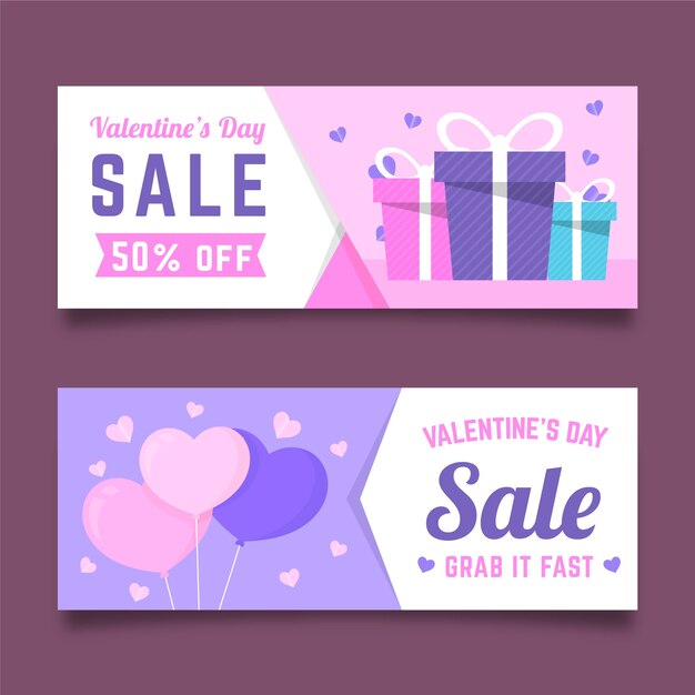 Plantilla de banners de venta de día de San Valentín de diseño plano
