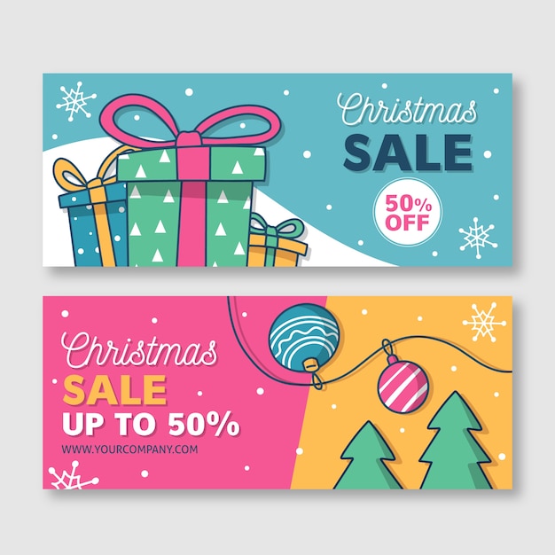 Plantilla de banners de venta de navidad dibujados a mano