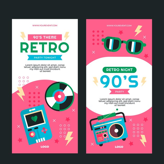 Plantilla de banners verticales de fiesta colorida de los 90 de diseño plano