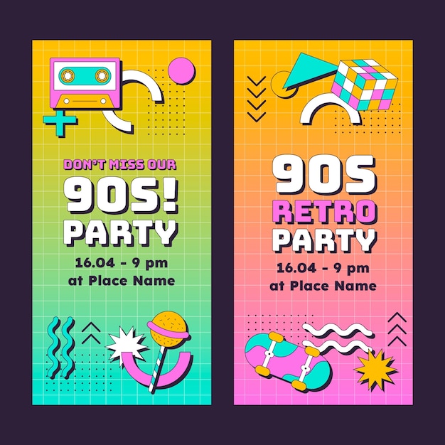 Vector gratuito plantilla de banners verticales de fiesta retro de los años 90 de diseño plano