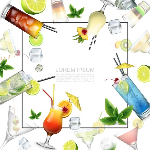 Plantilla de bebidas alcohólicas realista con marco para texto cócteles de alcohol bebidas tomadas hojas de menta cubitos de hielo y rodajas de frutas