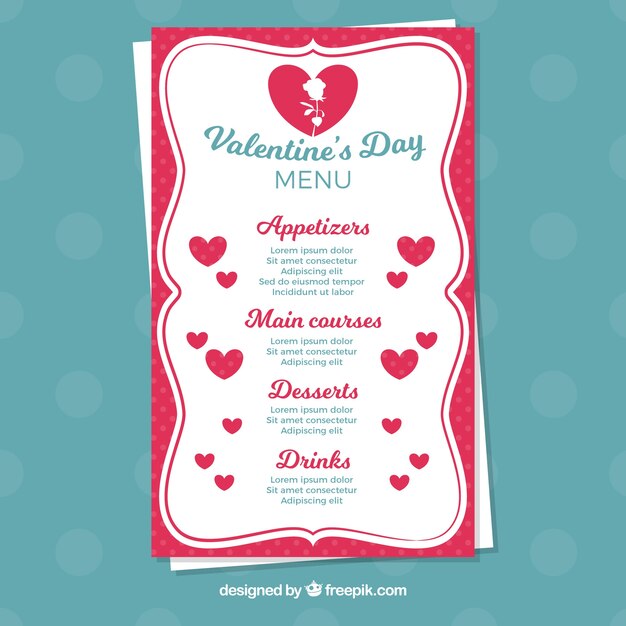 Plantilla blanca de menú de san valentin con corazones