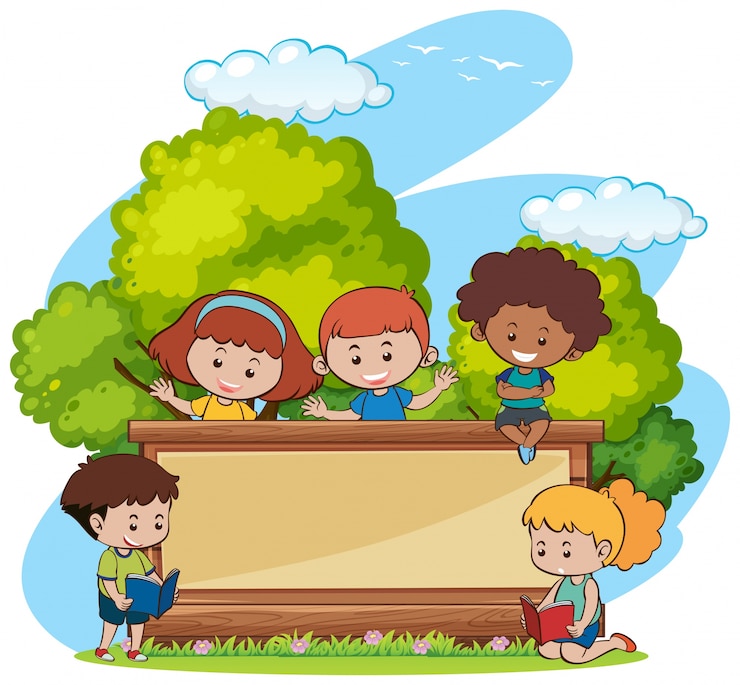 Vector gratuito plantilla de borde con chicas lindas y niños en el parque