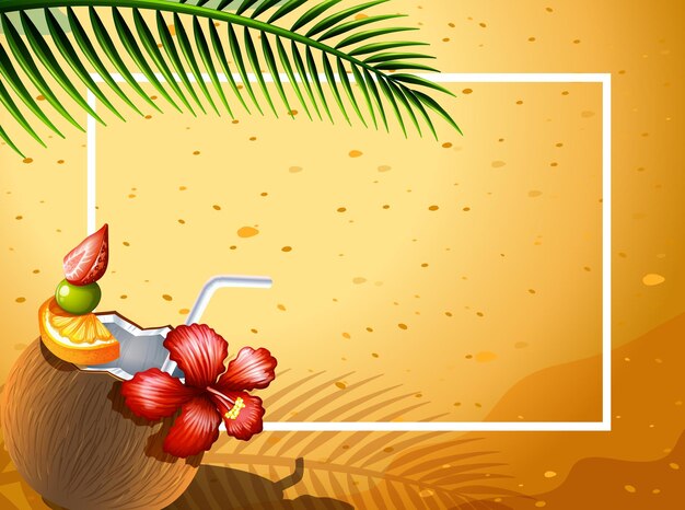 Plantilla de borde con jugo de coco en la playa