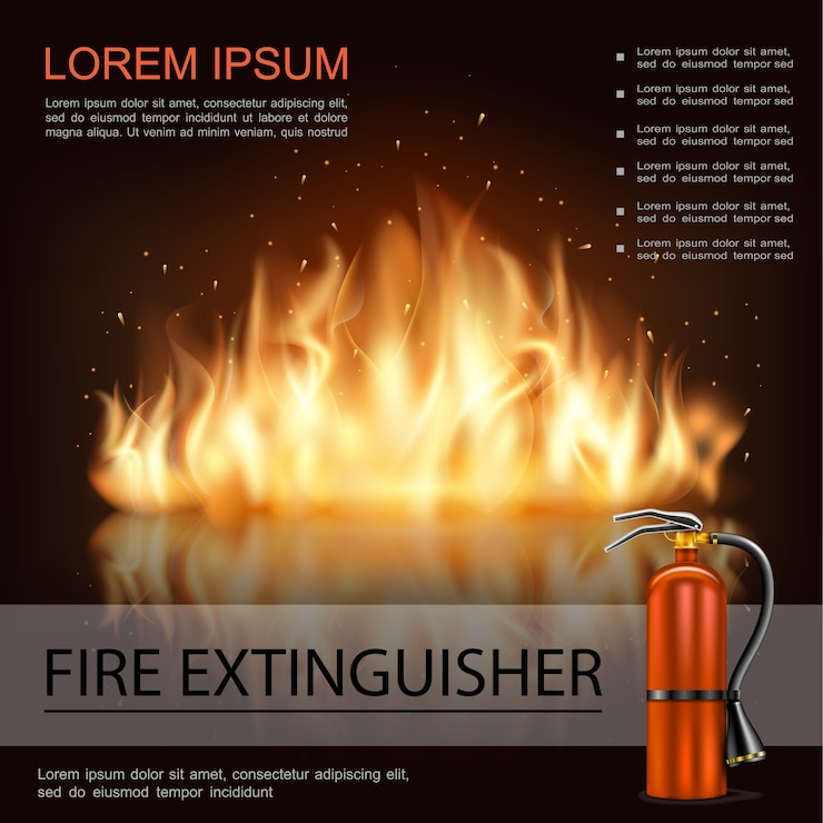 Vector gratuito plantilla brillante de fuego brillante con llamas ardientes y extintor de incendios en estilo realista