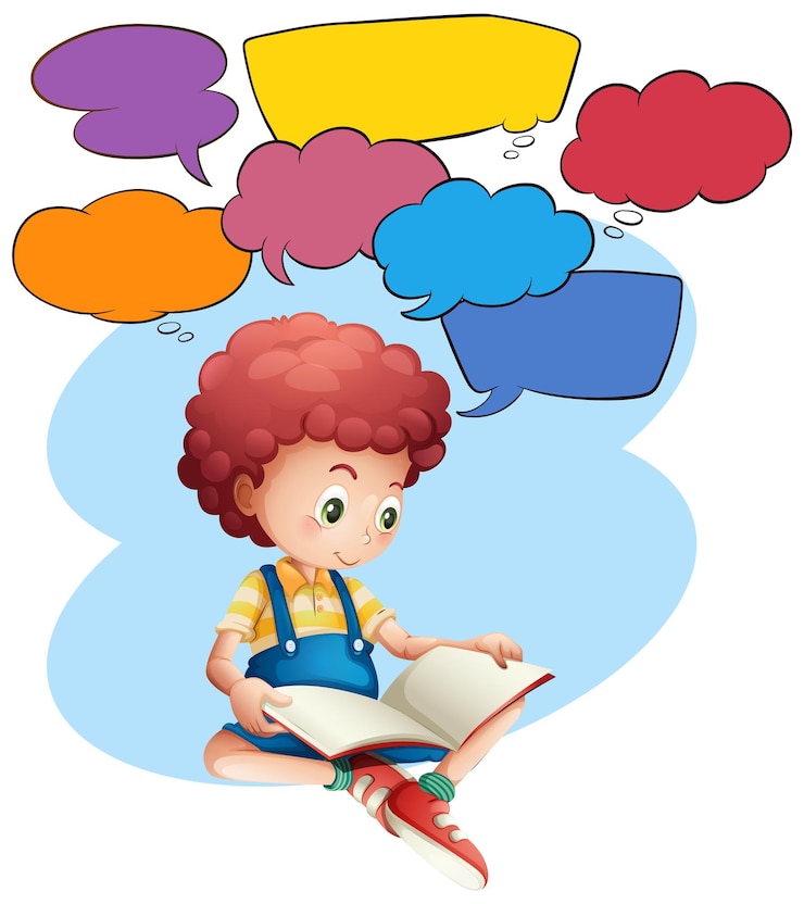 Vector gratuito plantilla de burbujas de discurso con libro de lectura de niño