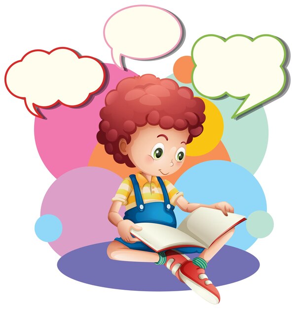 Plantilla de burbujas de discurso con libro de lectura de niño