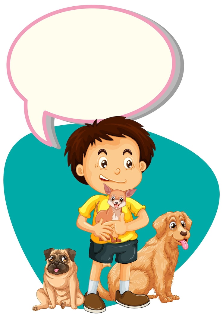 Vector gratuito plantilla de burbujas de discurso con niño y perros