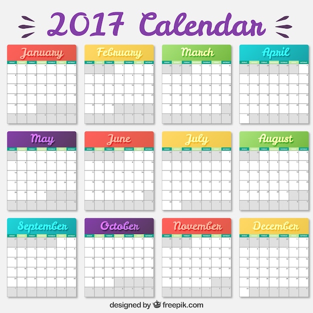 Vector gratuito plantilla de calendario 2017 con colores