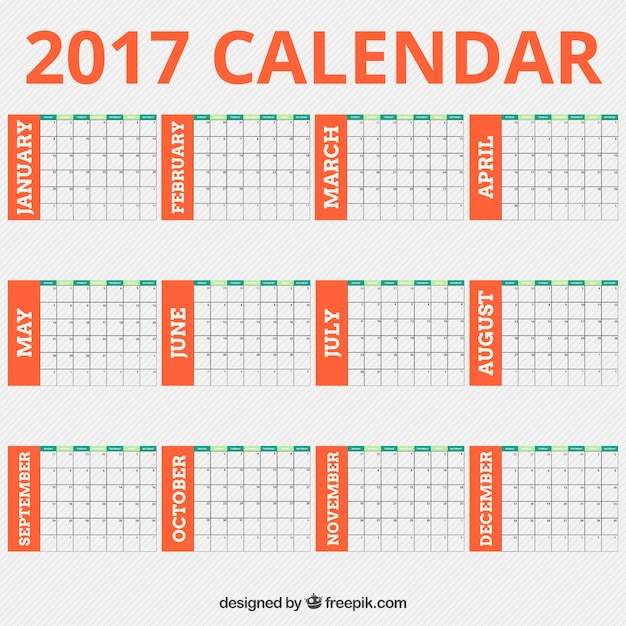 Plantilla de calendario 2017 con detalles naranjas
