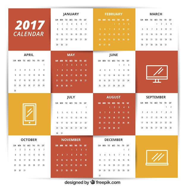 Vector gratuito plantilla de calendario 2017 con iconos