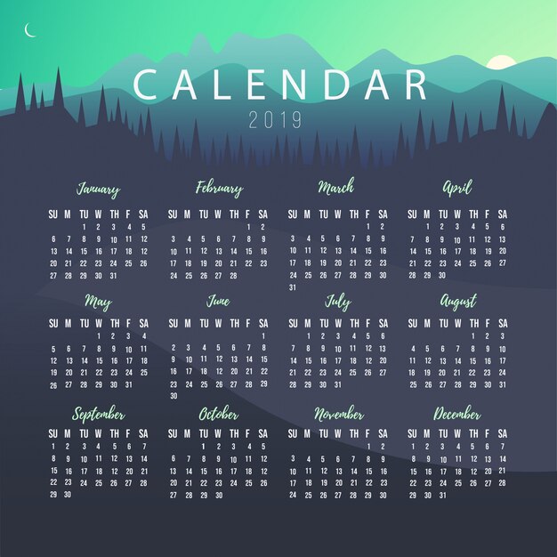 Plantilla de calendario 2019 con paisaje