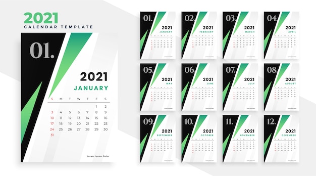 Plantilla de calendario 2021 en diseño de estilo geométrico