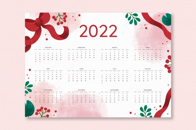 Plantilla de calendario 2022 en acuarela