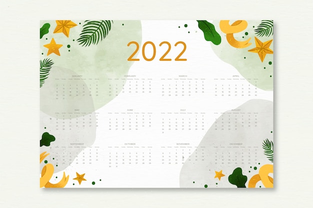 Vector gratuito plantilla de calendario 2022 en acuarela