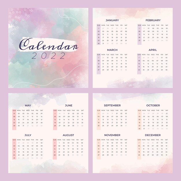 Plantilla de calendario 2022 en acuarela