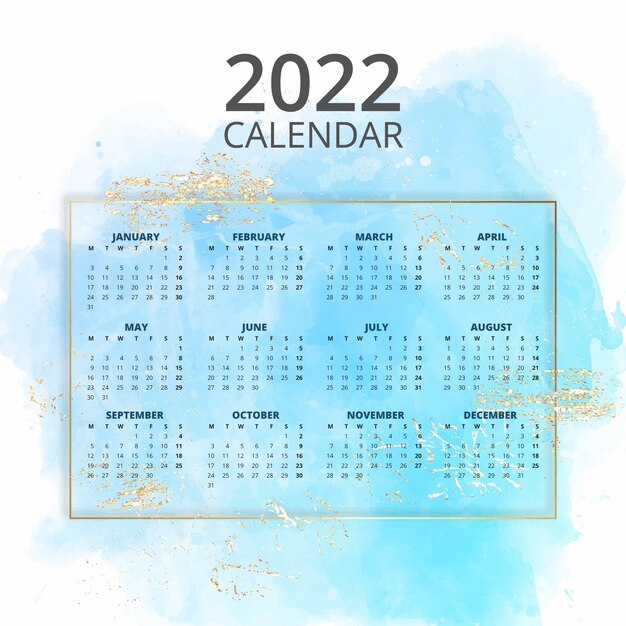 Plantilla de calendario 2022 en acuarela