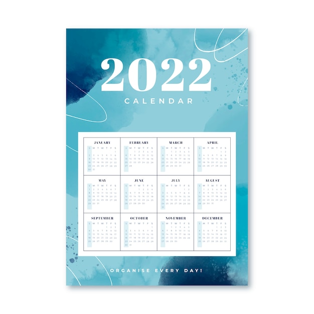 Plantilla de calendario 2022 en acuarela