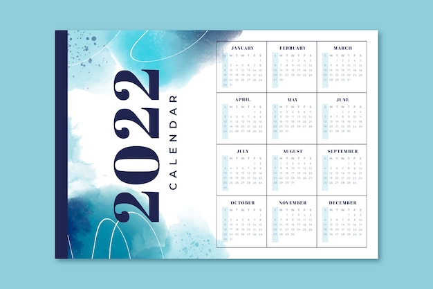 Plantilla de calendario 2022 en acuarela