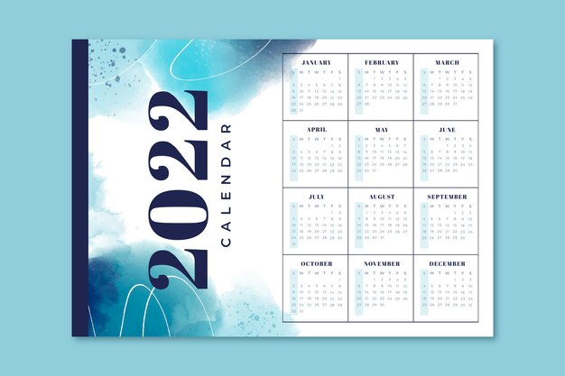 Plantilla de calendario 2022 en acuarela