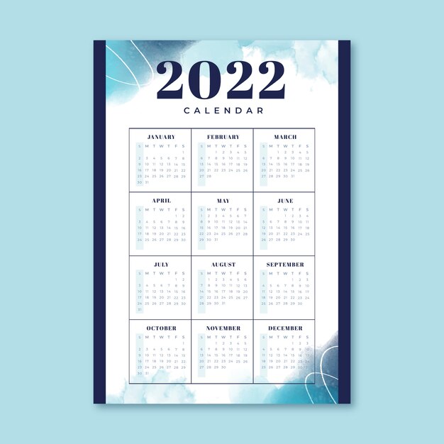 Plantilla de calendario 2022 en acuarela