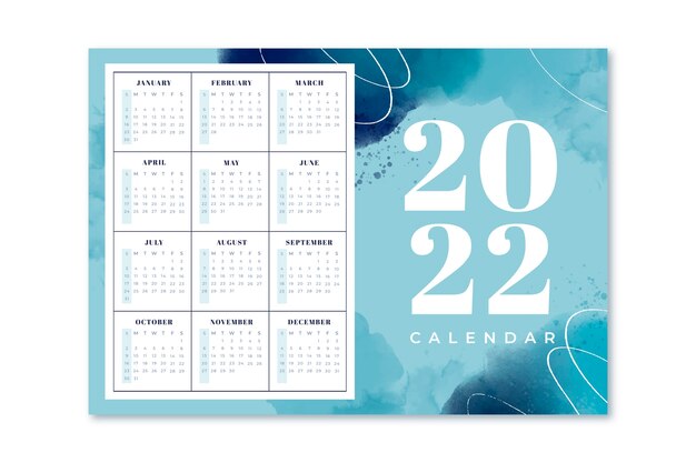 Plantilla de calendario 2022 en acuarela