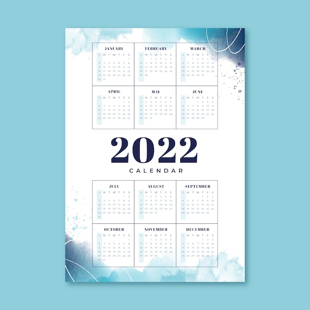 Plantilla de calendario 2022 en acuarela