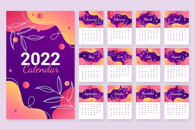 Vector gratuito plantilla de calendario 2022 degradado