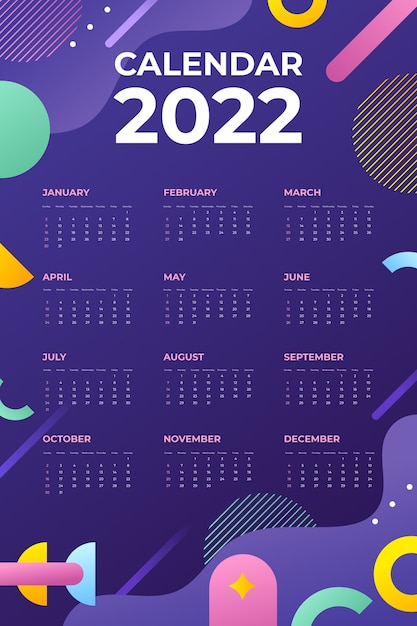 Vector gratuito plantilla de calendario 2022 degradado