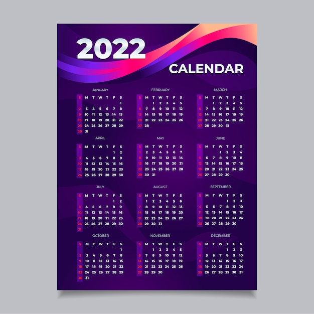 Vector gratuito plantilla de calendario 2022 degradado