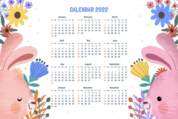 Vector gratuito plantilla de calendario 2022 dibujado a mano