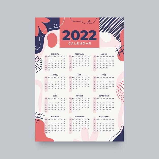 Plantilla de calendario 2022 plana dibujada a mano