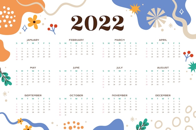 Plantilla de calendario 2022 plana dibujada a mano