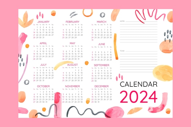 Plantilla de calendario 2024 en acuarela