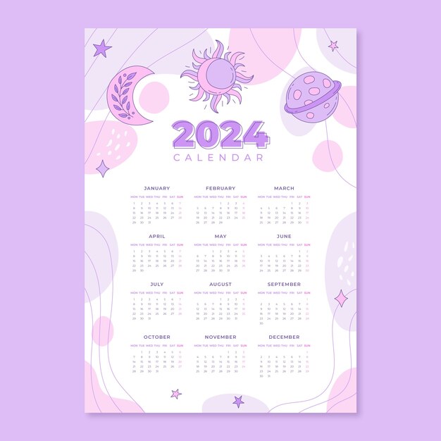 Plantilla de calendario 2024 dibujada a mano con elementos esotéricos y formas abstractas