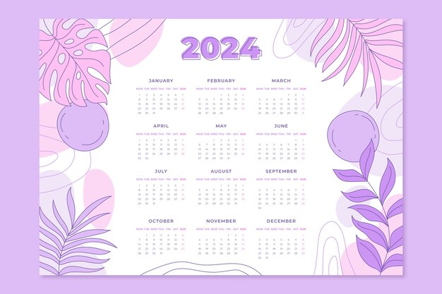 Plantilla de calendario 2024 dibujada a mano con hojas y formas abstractas