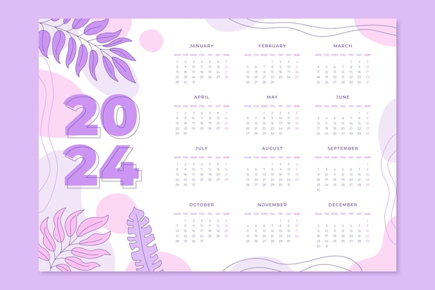 Plantilla de calendario 2024 dibujada a mano con hojas y formas abstractas
