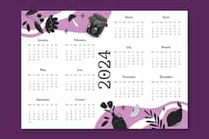 Vector gratuito plantilla de calendario 2024 plana en color morado y negro