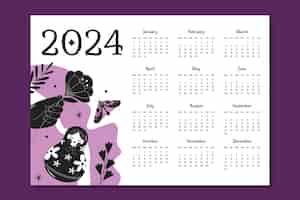 Vector gratuito plantilla de calendario 2024 plana en color morado y negro