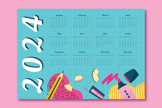 Vector gratuito plantilla de calendario 2024 plana y colorida con papelería