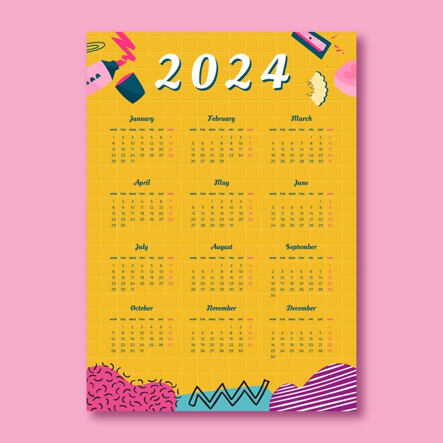 Plantilla de calendario 2024 plana y colorida con papelería