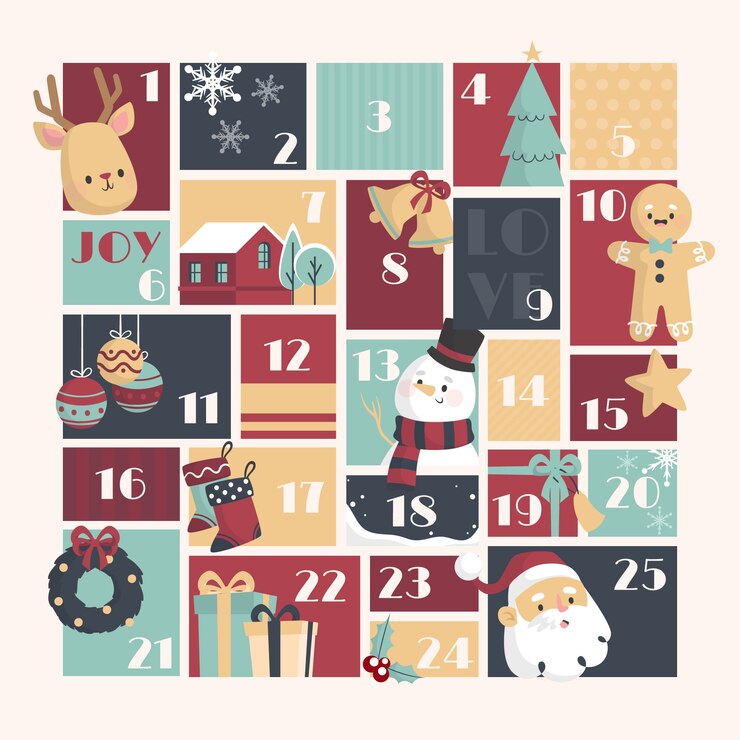 Vector gratuito plantilla de calendario de adviento diseño plano