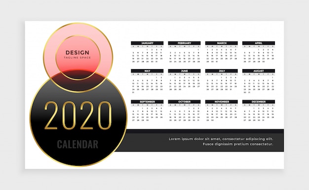 Vector gratuito plantilla de calendario del año 2020 en estilo de lujo